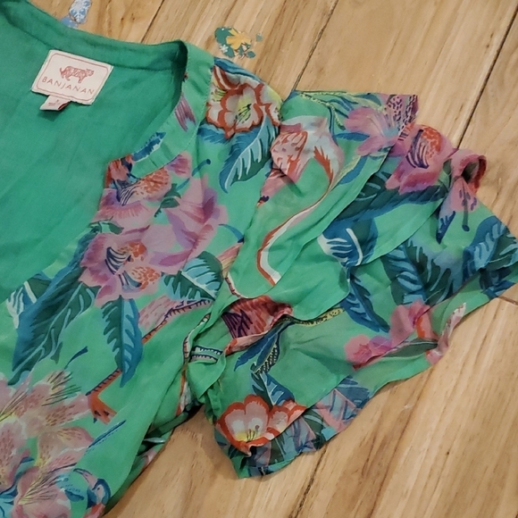 Banjanan Pink Green Sundress with Flutter Sleeves and Ruffled Hem - Picture 3 of 6